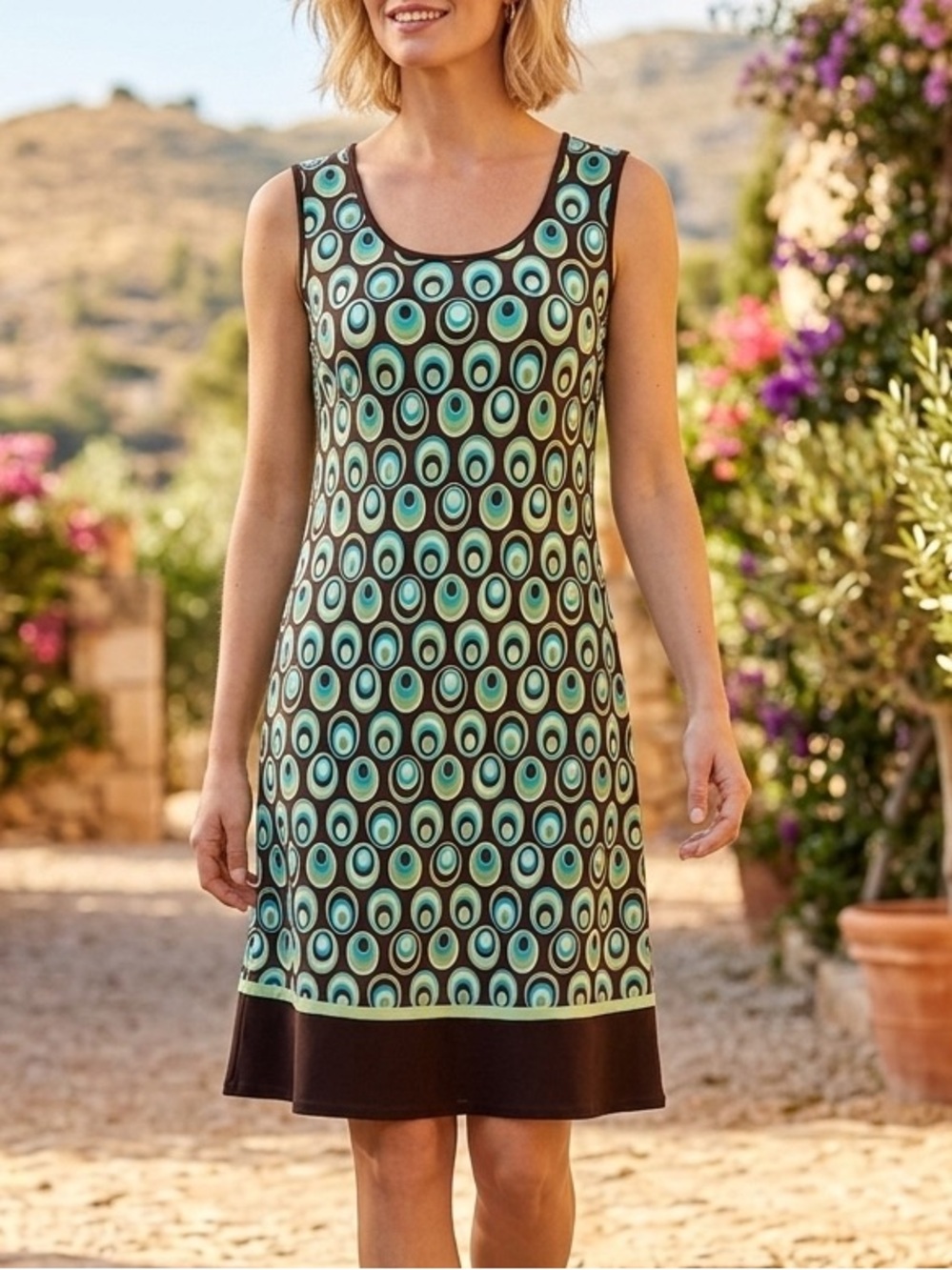 Studio I Brown Dress with Mint and Teal Circular Print